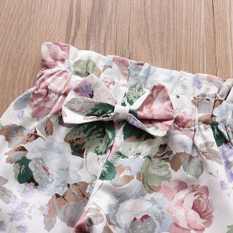 Conjunto Body Babados + Calça Floral+ Laço Bebê Menina