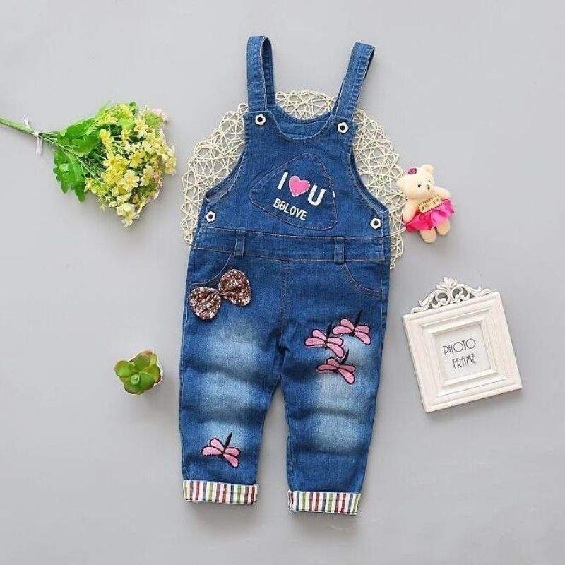 Macacão Jardineira Jeans c/ Detalhes Bebê Menina | 1-4 Anos