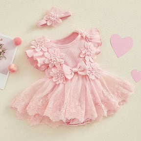 Vestido-Macaquinho de Festa Bordados Florais c/ Tiara | 0-18M
