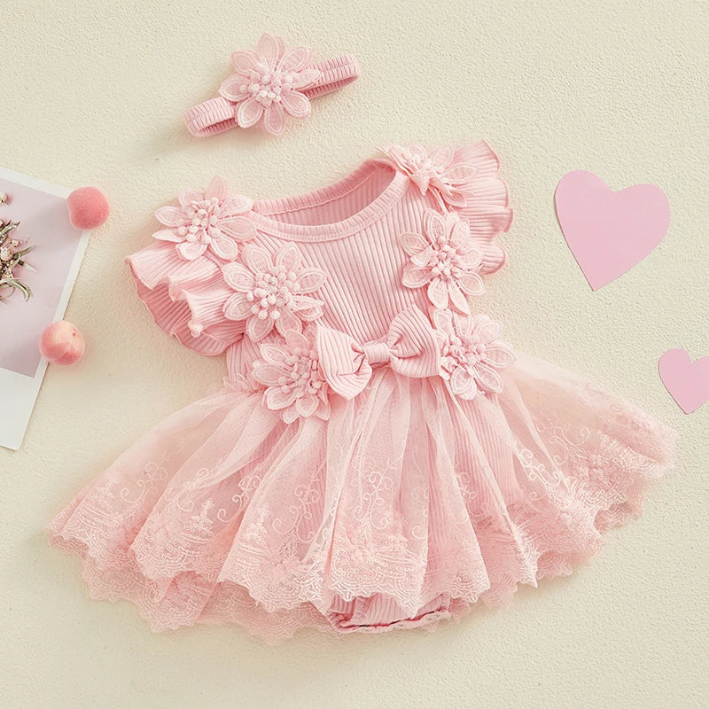 Vestido-Macaquinho de Festa Bordados Florais c/ Tiara | 0-18M