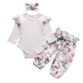 Conjunto Body Babados + Calça Floral+ Laço Bebê Menina