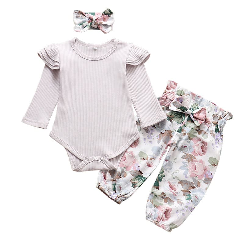 Conjunto Body Babados + Calça Floral+ Laço Bebê Menina