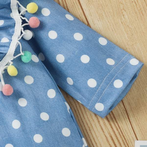 Macacão Babados Manga Flare Azul Poá Bebê Menina+Laço | 0-18 Meses