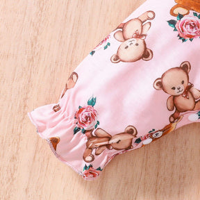 Macacão Rosa Ursinho 3D Babados Bebê Menina | 0-18 Meses