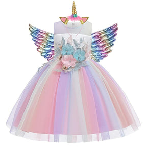 Vestido de Festa Menina Unicórnio Arco-íris + Asinhas + Tiara