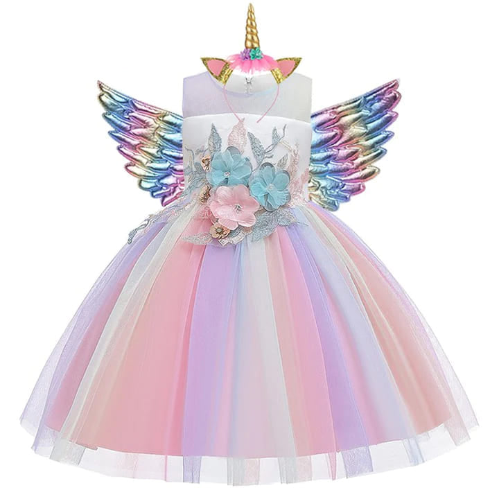 Vestido de Festa Menina Unicórnio Arco-íris + Asinhas + Tiara