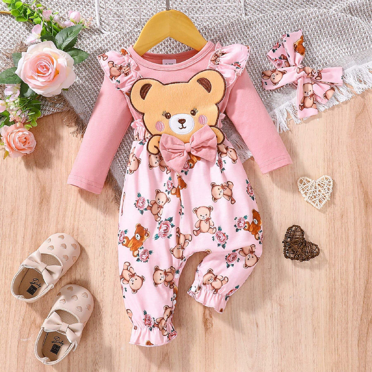 Macacão Rosa Ursinho 3D Babados Bebê Menina | 0-18 Meses