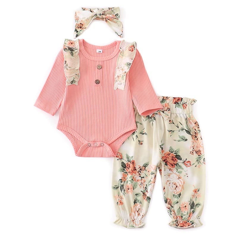 Conjunto Body Babados + Calça Floral+ Laço Bebê Menina
