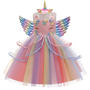 Vestido de Festa Menina Unicórnio Arco-íris + Asinhas + Tiara