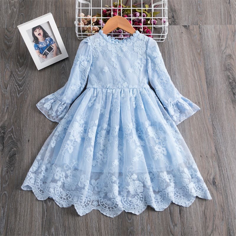 Vestido de Renda Manga Transparente Menina Batizado | 2-8 Anos