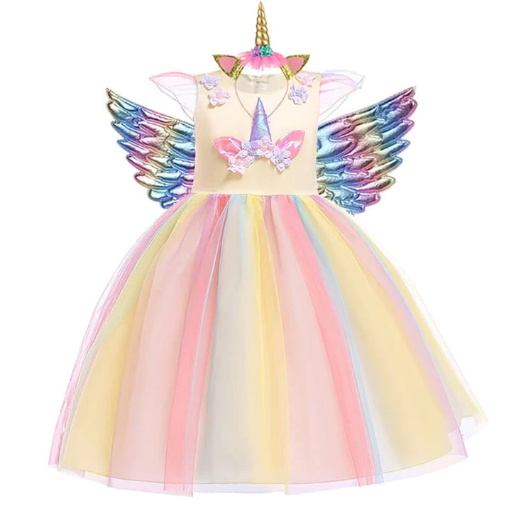 Vestido de Festa Menina Unicórnio Arco-íris + Asinhas + Tiara