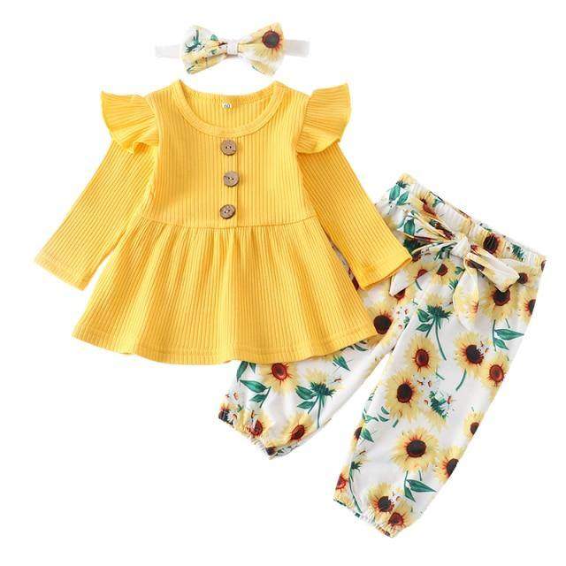 Conjunto Blusa Manga + Calça Floral +Laço Bebê Menina | 1-24 Meses