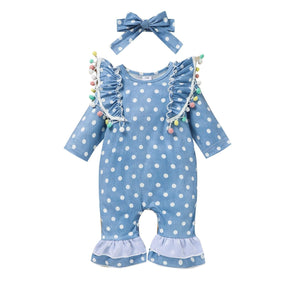 Macacão Babados Manga Flare Azul Poá Bebê Menina+Laço | 0-18 Meses