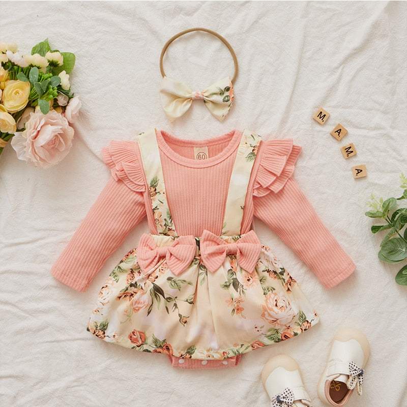 Conjunto Floral Salopete+ Body Manga Longa+ Laço Bebê Menina